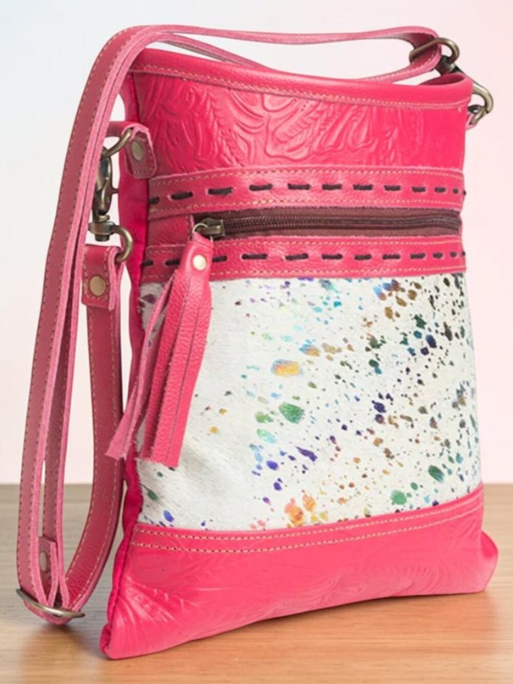 Mrya Bag Rosa Verde Leather, Upcycled Canvas & Hairon Crossbody Bag - NEW - Picture 2 of 13
